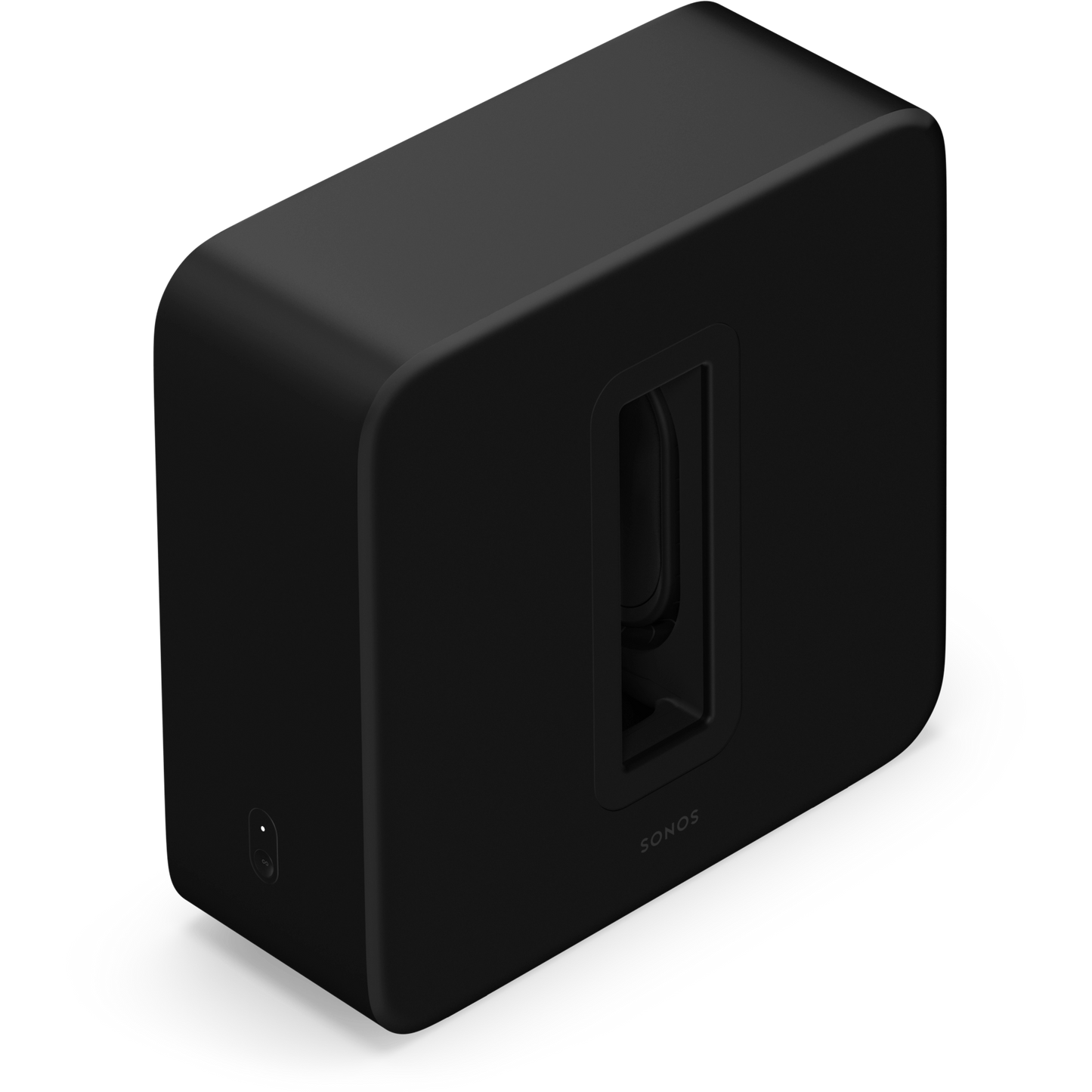 A black Sonos Sub 4 wireless subwoofer with a matte finish.