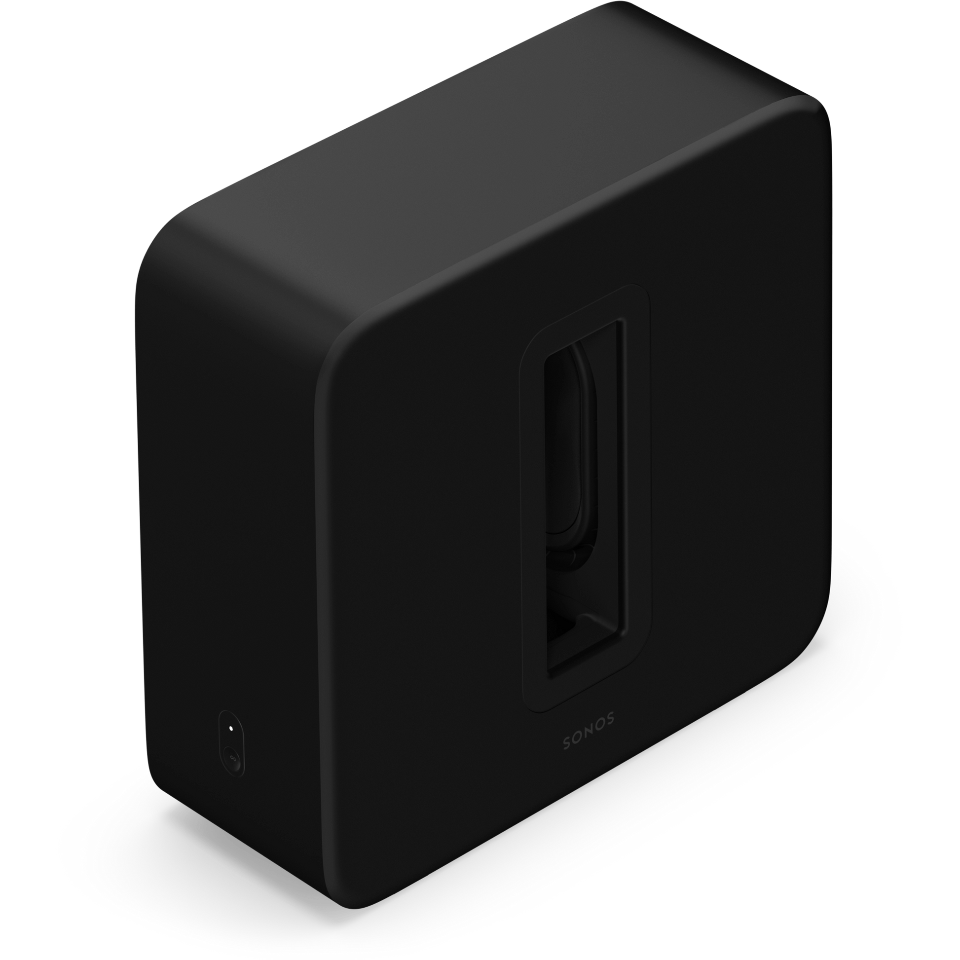 A black Sonos Sub 4 wireless subwoofer with a matte finish.