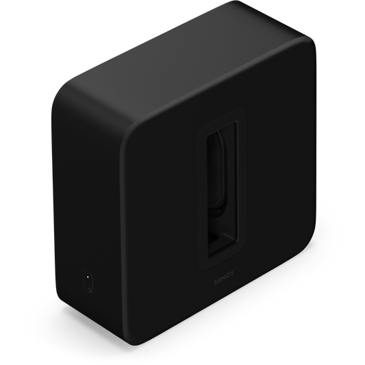 A black Sonos Sub 4 wireless subwoofer with a matte finish.