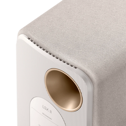 Close-up of a speaker with 'LSX II' branding on a white background