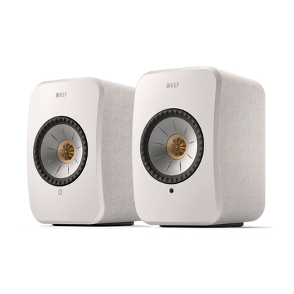 Two KEF speakers on a white background