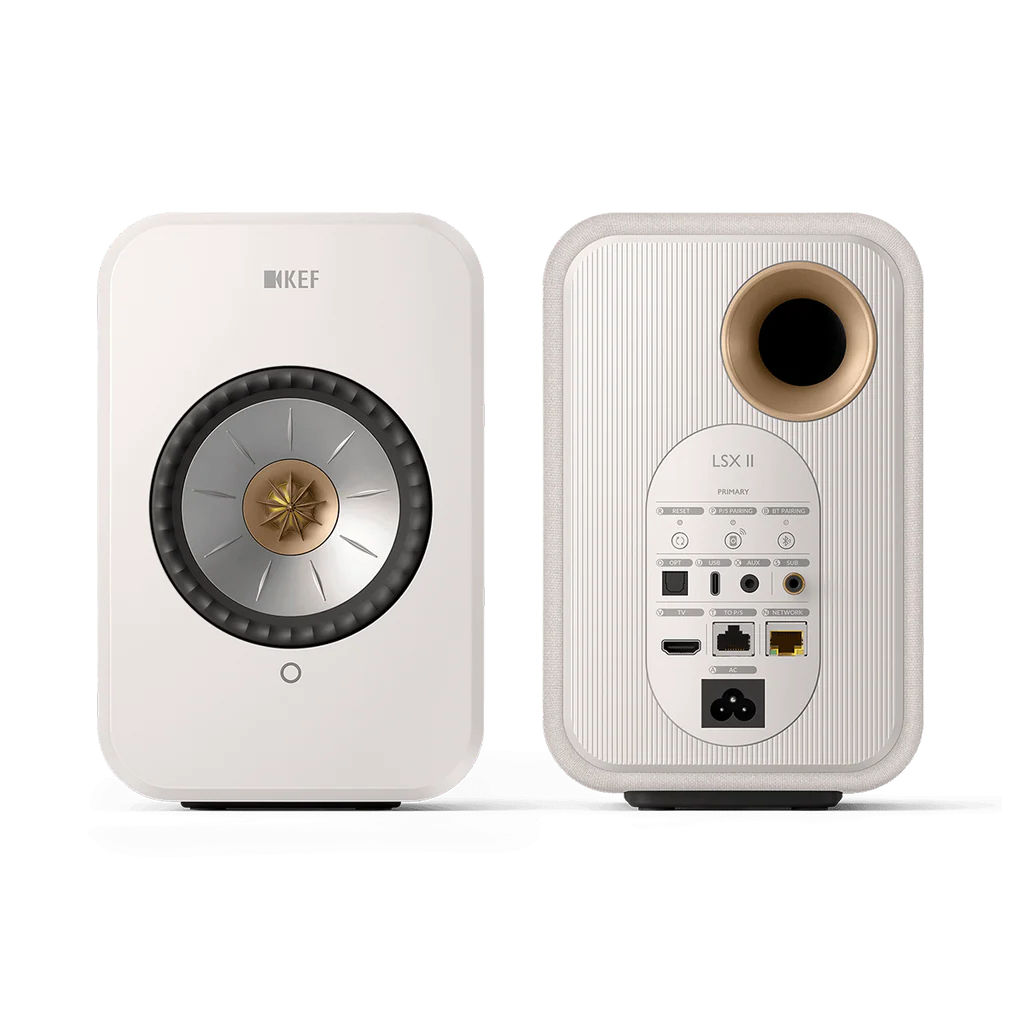 White KEF LSX II speakers on a white background
