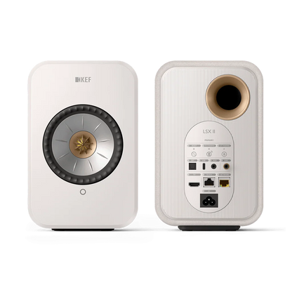 White KEF LSX II speakers on a white background